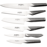Set of Global knives on a white background. Set includes Fluted Chef's Knife, Vegetable Knife, Bagel/Sandwich Knife (Small Bread Knife), Fluted Santoku Knife, Utility Knife, Oriental Cook's Knife.