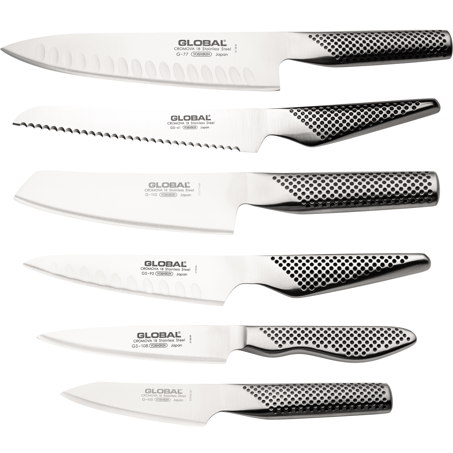 Set of Global knives on a white background. Set includes Fluted Chef's Knife, Vegetable Knife, Bagel/Sandwich Knife (Small Bread Knife), Fluted Santoku Knife, Utility Knife, Oriental Cook's Knife.