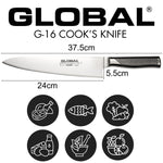 Global G-16 Cook's Knife with dimensions and uses icons on a white background. Cook's Knife for cutting meat, fish, vegetables, dairy, herbs and spices and fruit.