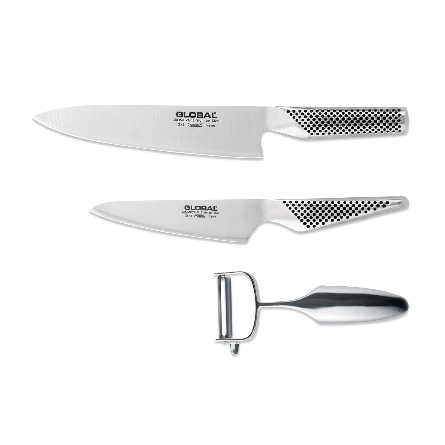Two chef's knives and a peeler with Global branding on a white background. Set includes Global G-2 Chef's Knife, GS-3 Cook's Knife and GS-68 Plain Edge Peeler.