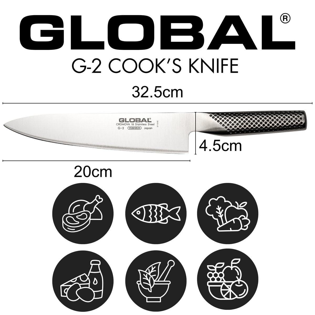 Global G-2 Cook's Knife with dimensions and uses icons on a white background. Chef's knife for cutting meat, fish, vegetables, dairy, herbs and spices and fruit.