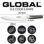 Global G-2 Cook's Knife with dimensions and uses icons on a white background. Chef's knife for cutting meat, fish, vegetables, dairy, herbs and spices and fruit.