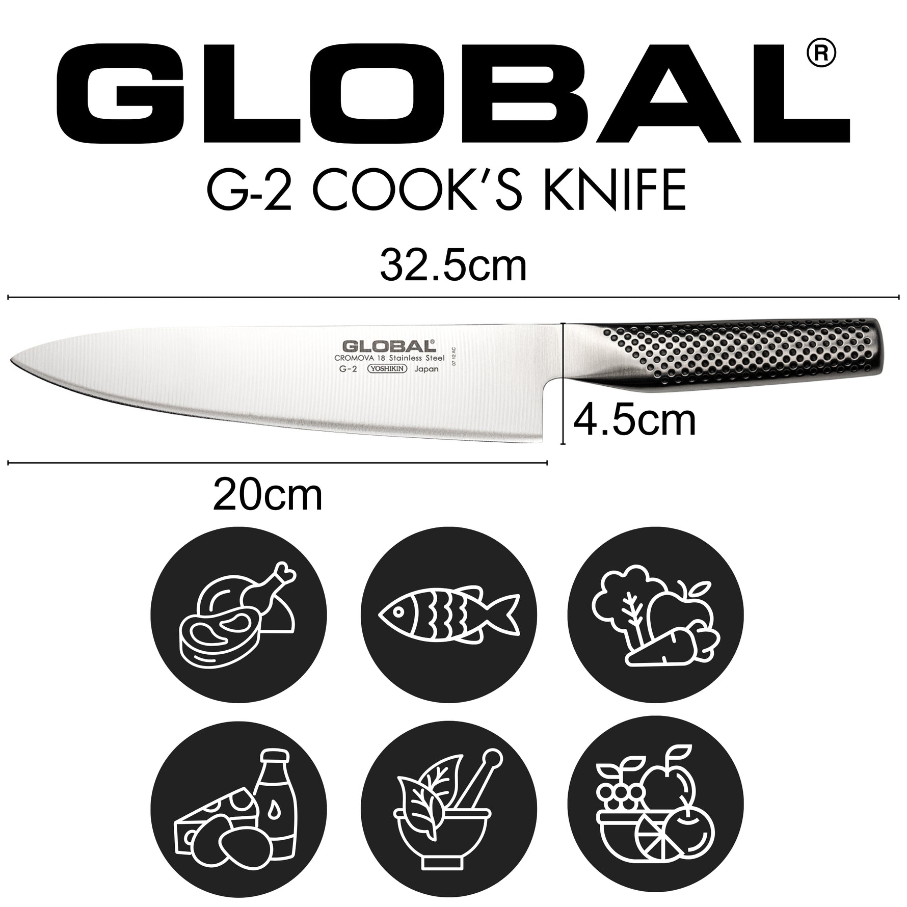 Global G-2 Cook's Knife with dimensions and uses icons on a white background. Chef's knife for cutting meat, fish, vegetables, dairy, herbs and spices and fruit.