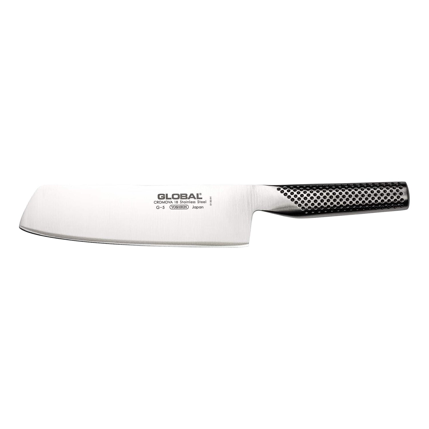 Stainless steel kitchen knife with iconic indentations on handle on a white background, featuring the Global brand.