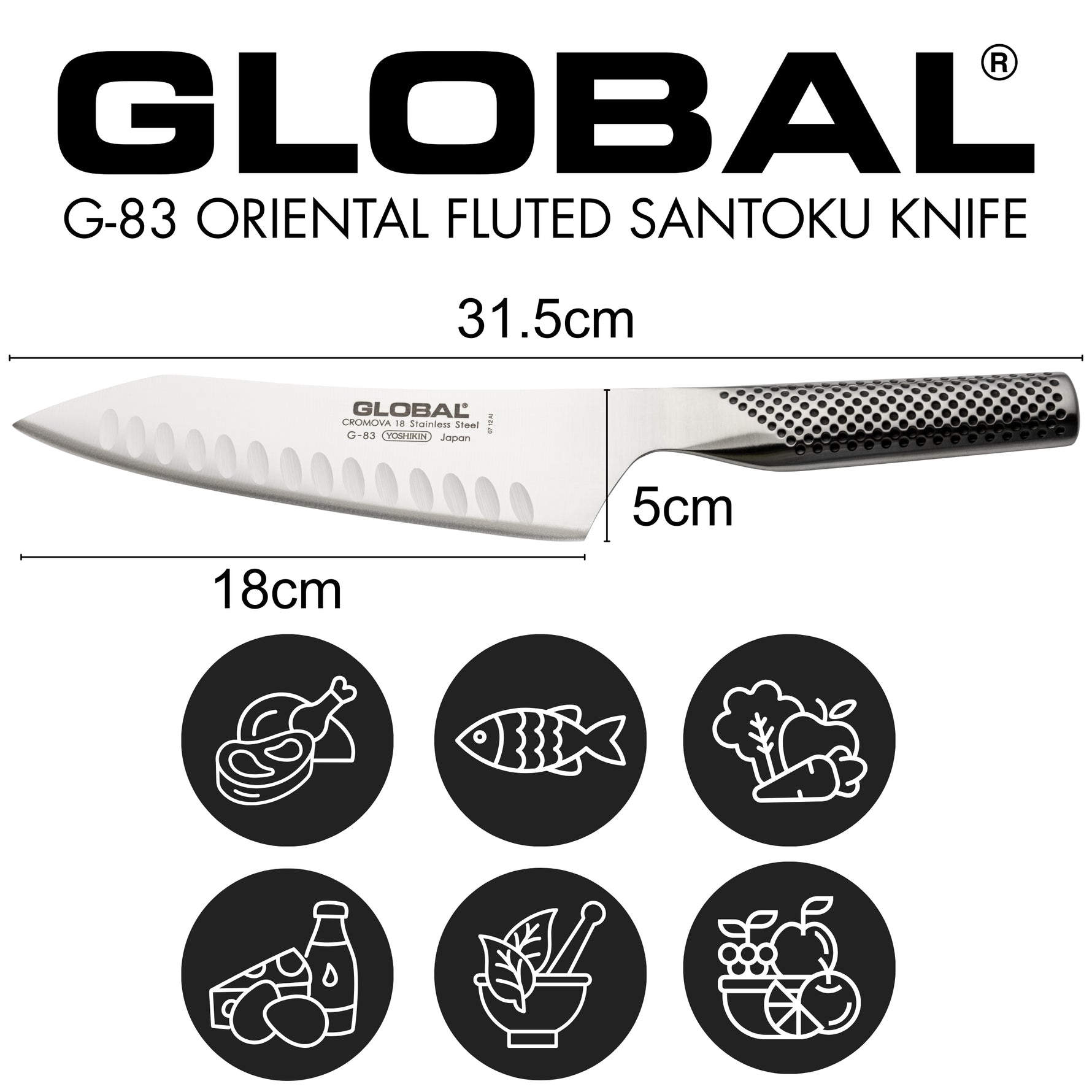 Global G-83 Oriental Fluted Santoku knife with measurements and uses icons on a white background. Versatile Japanese santoku chef's knife for cutting meat, filleting fish, chopping vegetables, slicing cheese, chopping herbs and spices and slicing fruit.