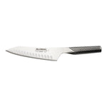 Global Japanese chef's knife on a white background with fluted blade. G-83 Oriental Fluted Santoku Knife.