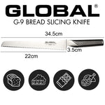 Global G-9 bread slicing knife with dimensions and uses on a white background. Serrated knife for slicing bread, cutting pastries, cutting chocolate and slicing cooked meats.