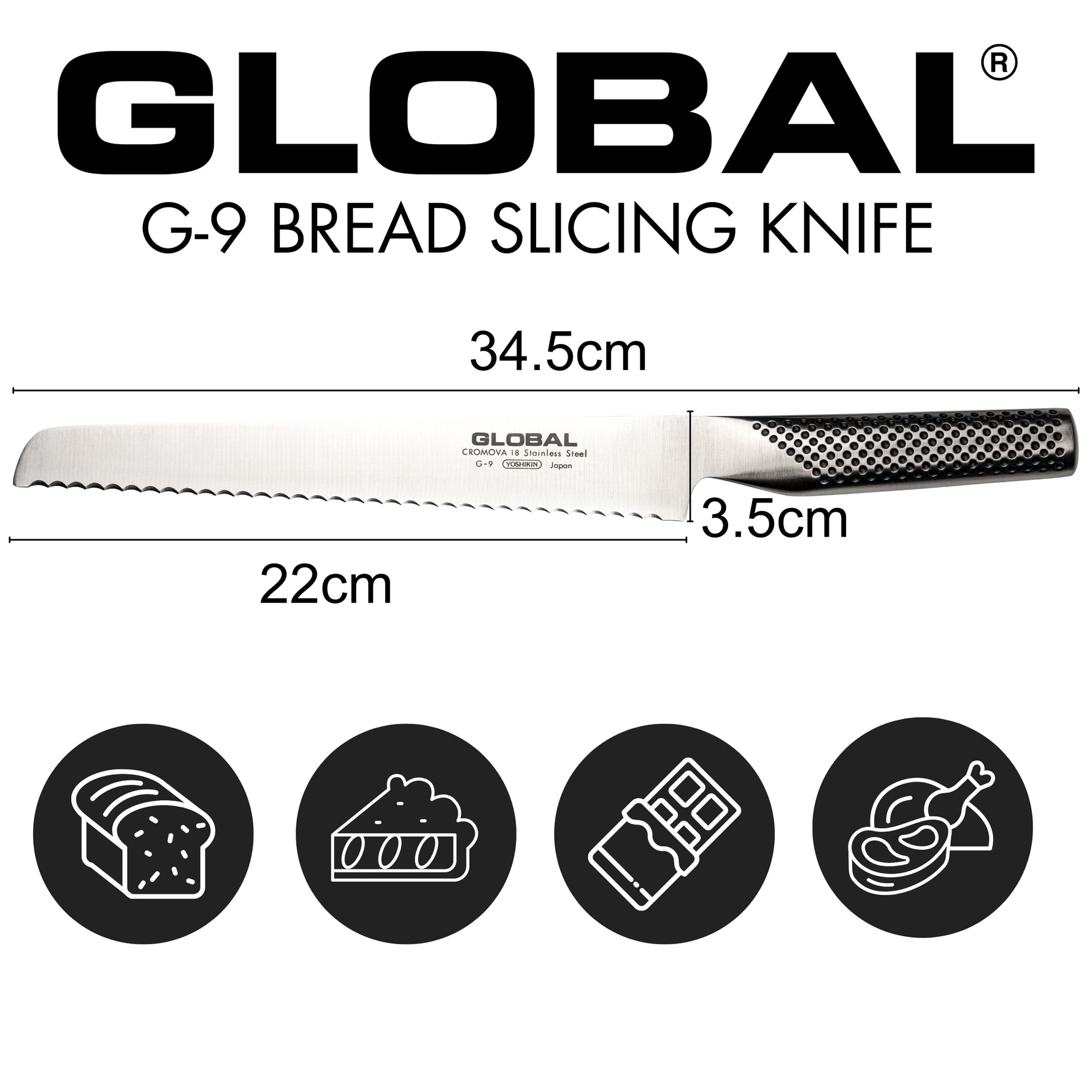 Global G-9 bread slicing knife with dimensions and uses on a white background. Serrated knife for slicing bread, cutting pastries, cutting chocolate and slicing cooked meats.
