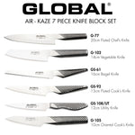 Global 7-piece knife block set with knife names and sizes on a white background. Air-Kaze 7 Piece Knife Block Set includes G-7 20cm Fluted Chef's Knife, G-102 14cm Vegetable Knife, GS-61 16cm Bagel Knife, GS-92 13cm Fluted Cook's Knife, GS-108/UT 12cm Utility Knife, G-105 10cm oriental Cook's Knife.