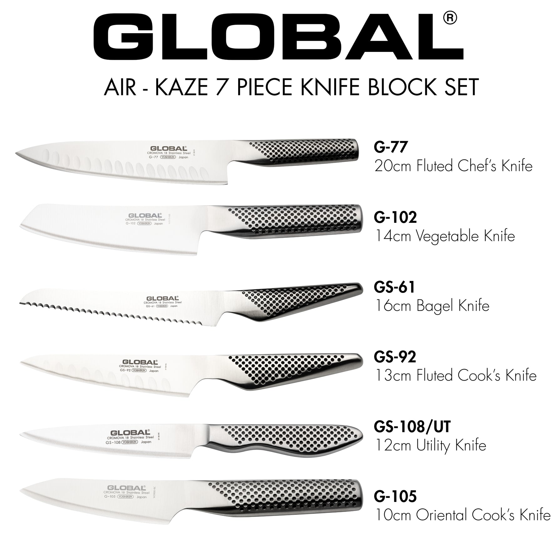 Global 7-piece knife block set with knife names and sizes on a white background. Air-Kaze 7 Piece Knife Block Set includes G-7 20cm Fluted Chef's Knife, G-102 14cm Vegetable Knife, GS-61 16cm Bagel Knife, GS-92 13cm Fluted Cook's Knife, GS-108/UT 12cm Utility Knife, G-105 10cm oriental Cook's Knife.