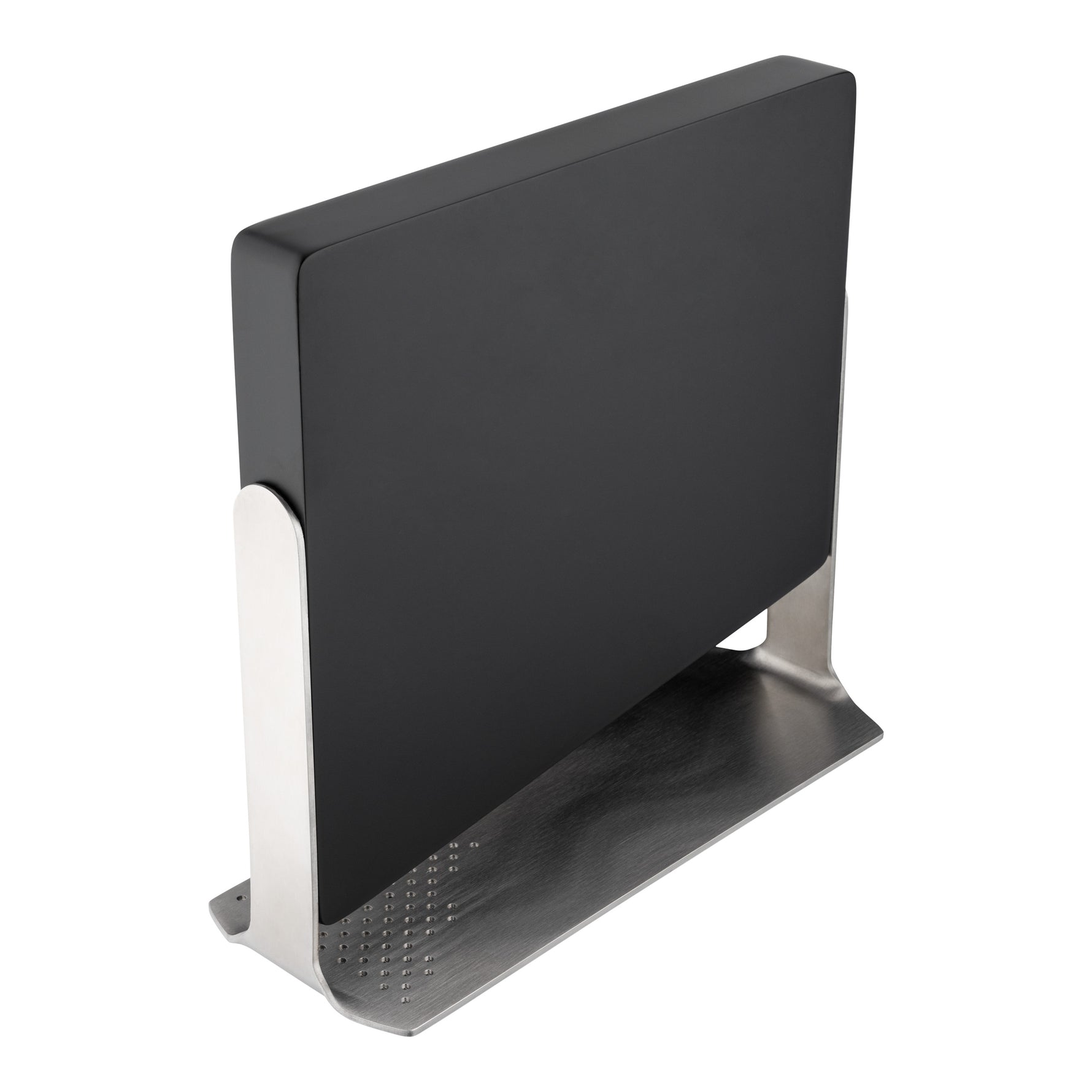 Dark wood magnetic knife block with stainless steel stand from Global Knives. Knife storage for Global Air Kaze knife set.