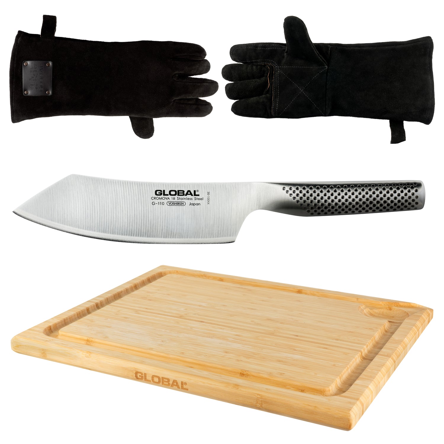 Product image of Global 3 Piece BBQ Set including 2 leather bbq gloves, G-110 BBQ knife and bamboo chopping board.