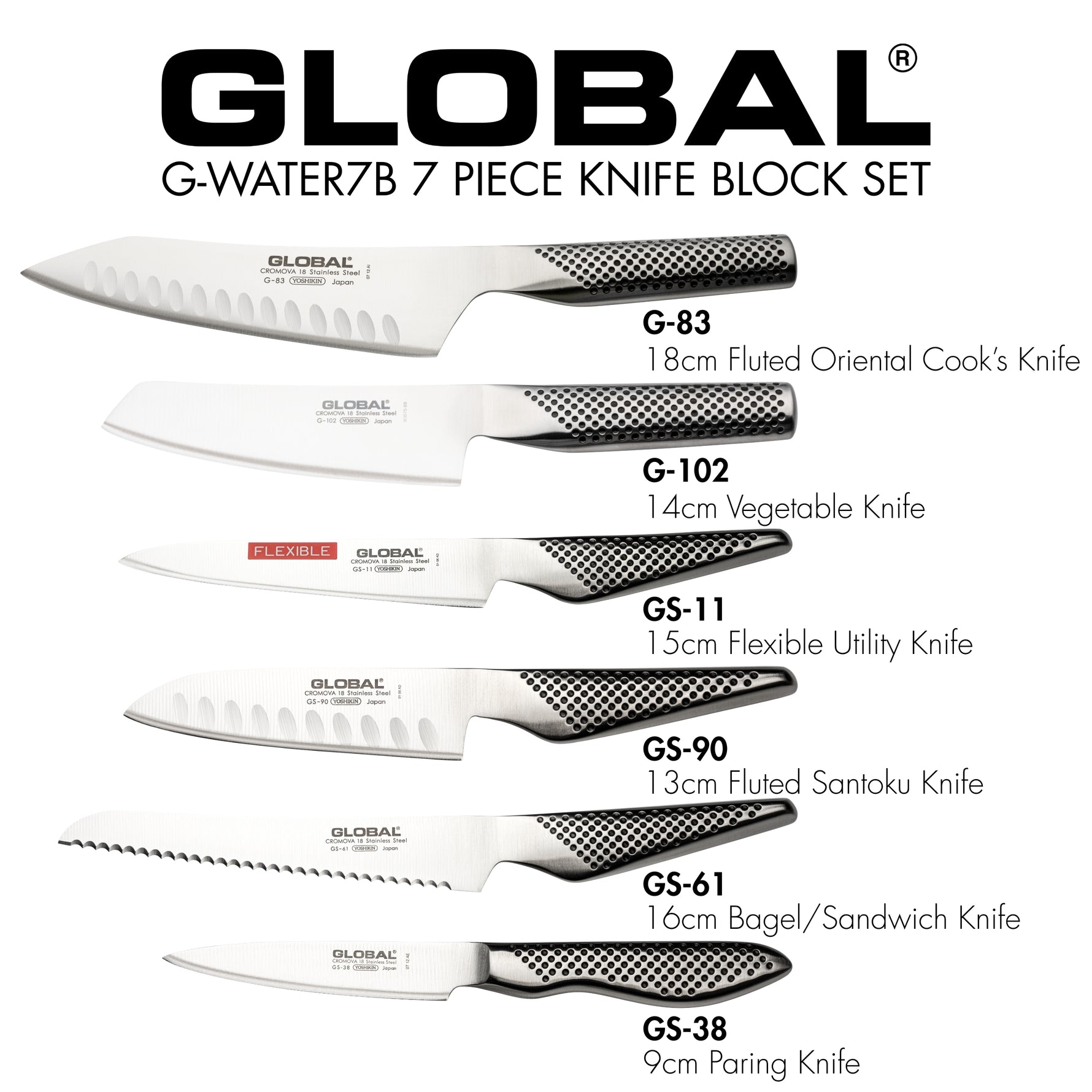 Global 7-piece knife block set with knife names and sizes on a white background. G-83 13cm Fluted Oriental Cook's Knife, G-102 14cm Vegetable Knife, GS-11 15cm Flexible Utility Knife, GS-90 13cm Fluted Santoku Knife, GS-61 16cm Bagel Sandwich Knife, GS-38 9cm Paring Knife.