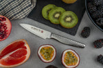 Fruits including kiwis, pomegranate, and grapefruit with a Global paring knife on a stone surface.