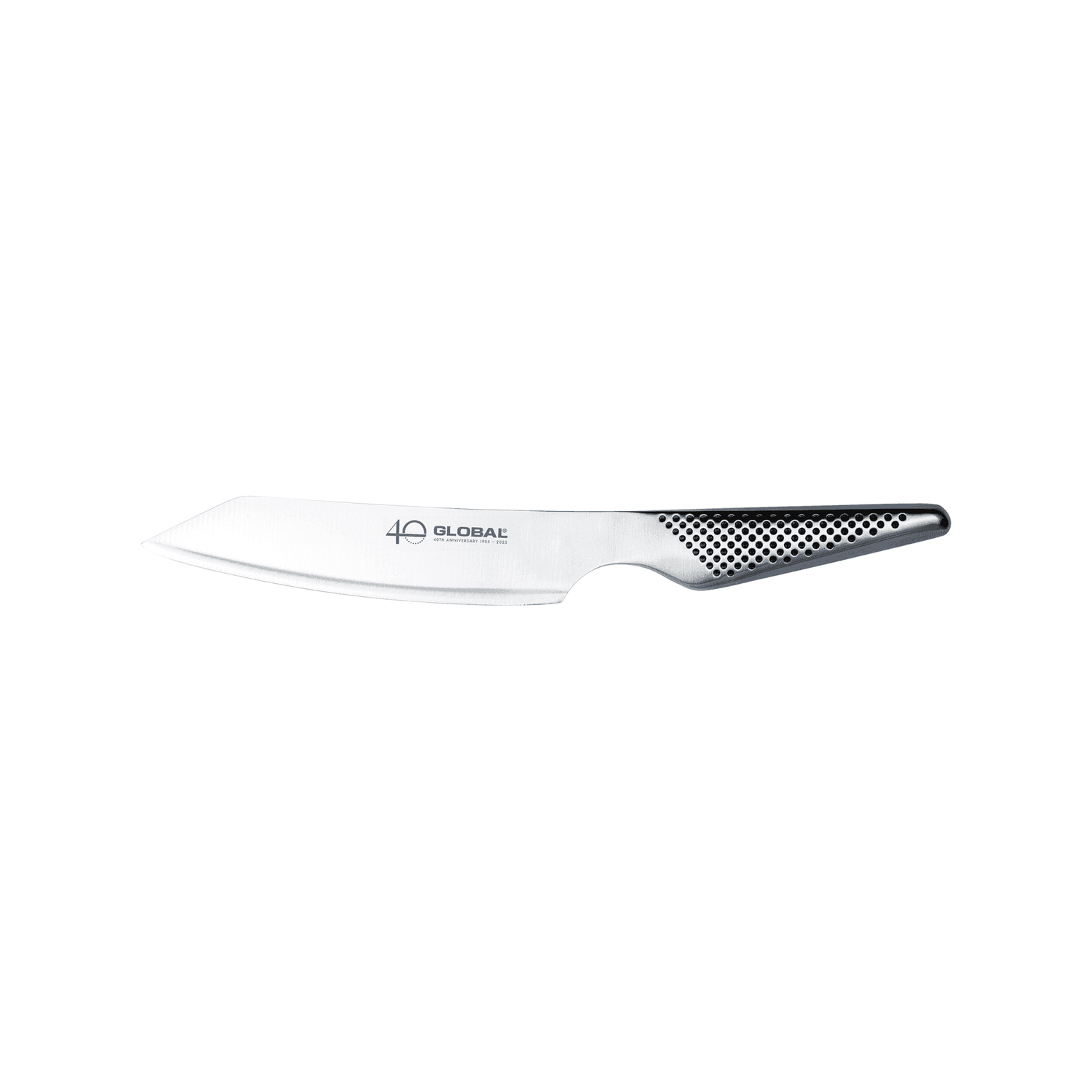 Global 40th Anniversary Kiritsuke Knife blade with 'GLOBAL40th Anniversary' branding on a white background
