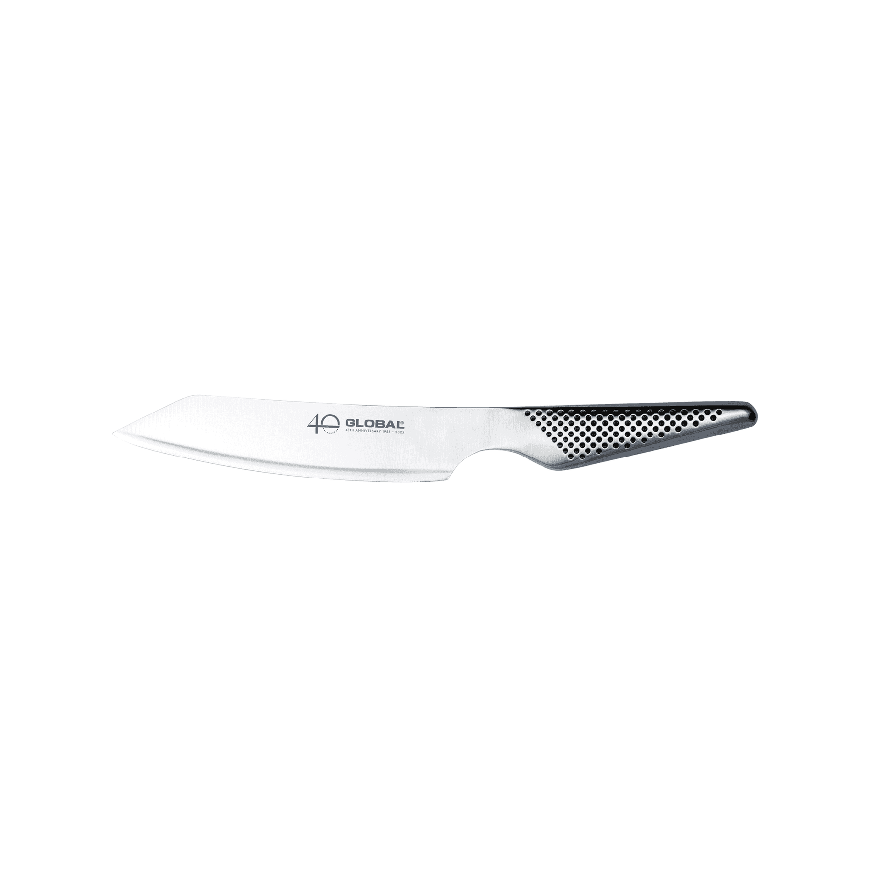 Global 40th Anniversary Kiritsuke Knife blade with 'GLOBAL40th Anniversary' branding on a white background