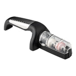 Global 2-stage knife sharpener, professional kitchen knife sharpener with coarse and medium ceramic wheels for chefs and home cooks. Plastic and stainless steel pull-through knife sharpener for culinary knives an food prep.