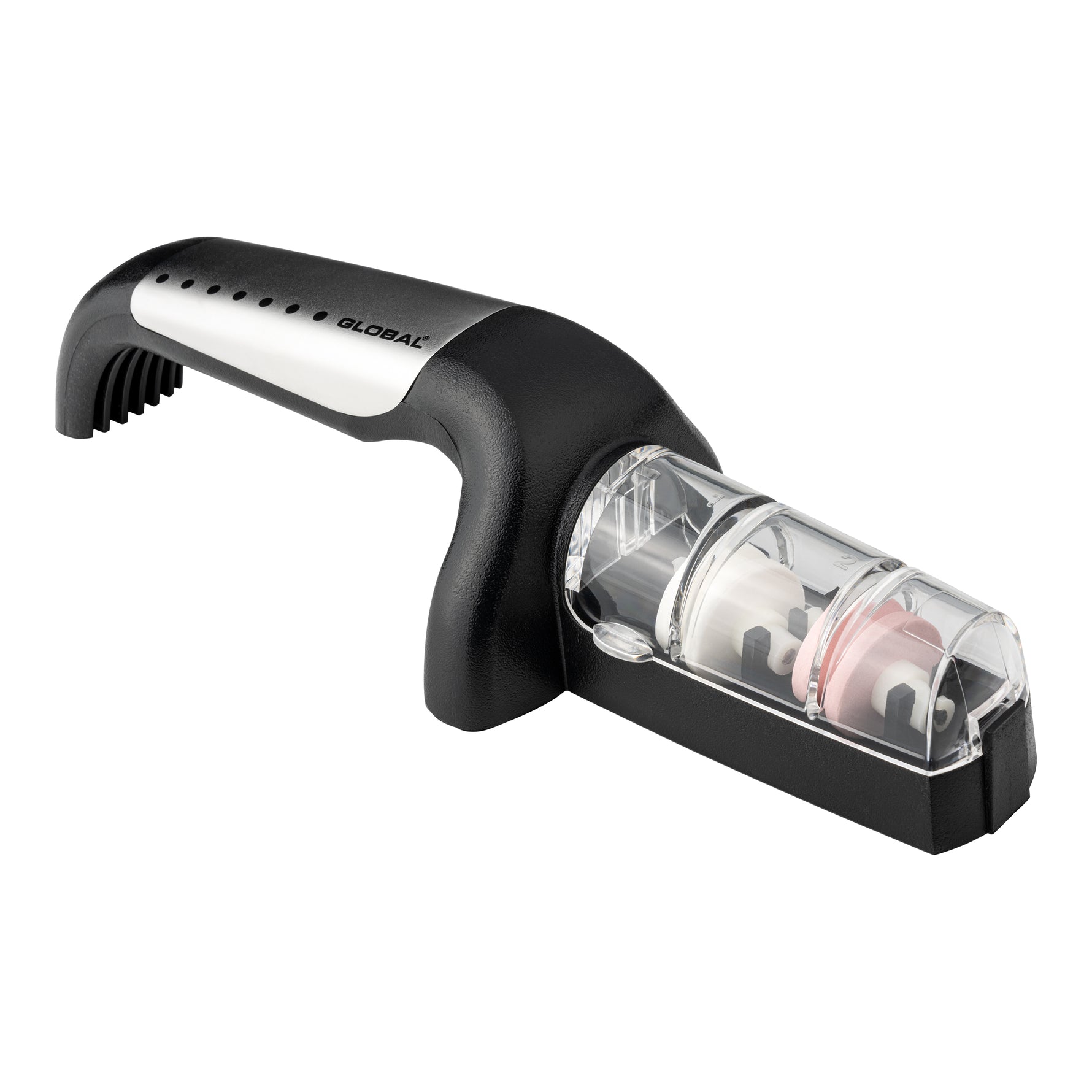 Global 2-stage knife sharpener, professional kitchen knife sharpener with coarse and medium ceramic wheels for chefs and home cooks. Plastic and stainless steel pull-through knife sharpener for culinary knives an food prep.