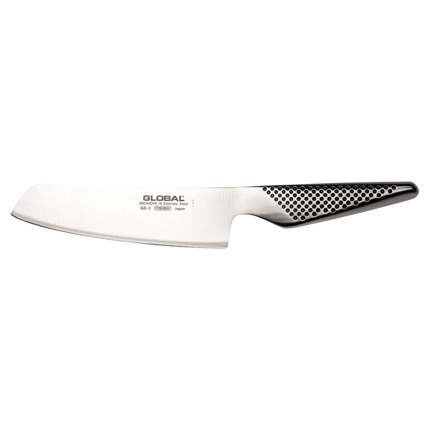 Stainless steel kitchen knife with black handle on a white background, featuring the Global brand. The GS-5 Vegetable Chopping Knife.