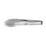 Stainless steel perforated kitchen tongs with Global branding.