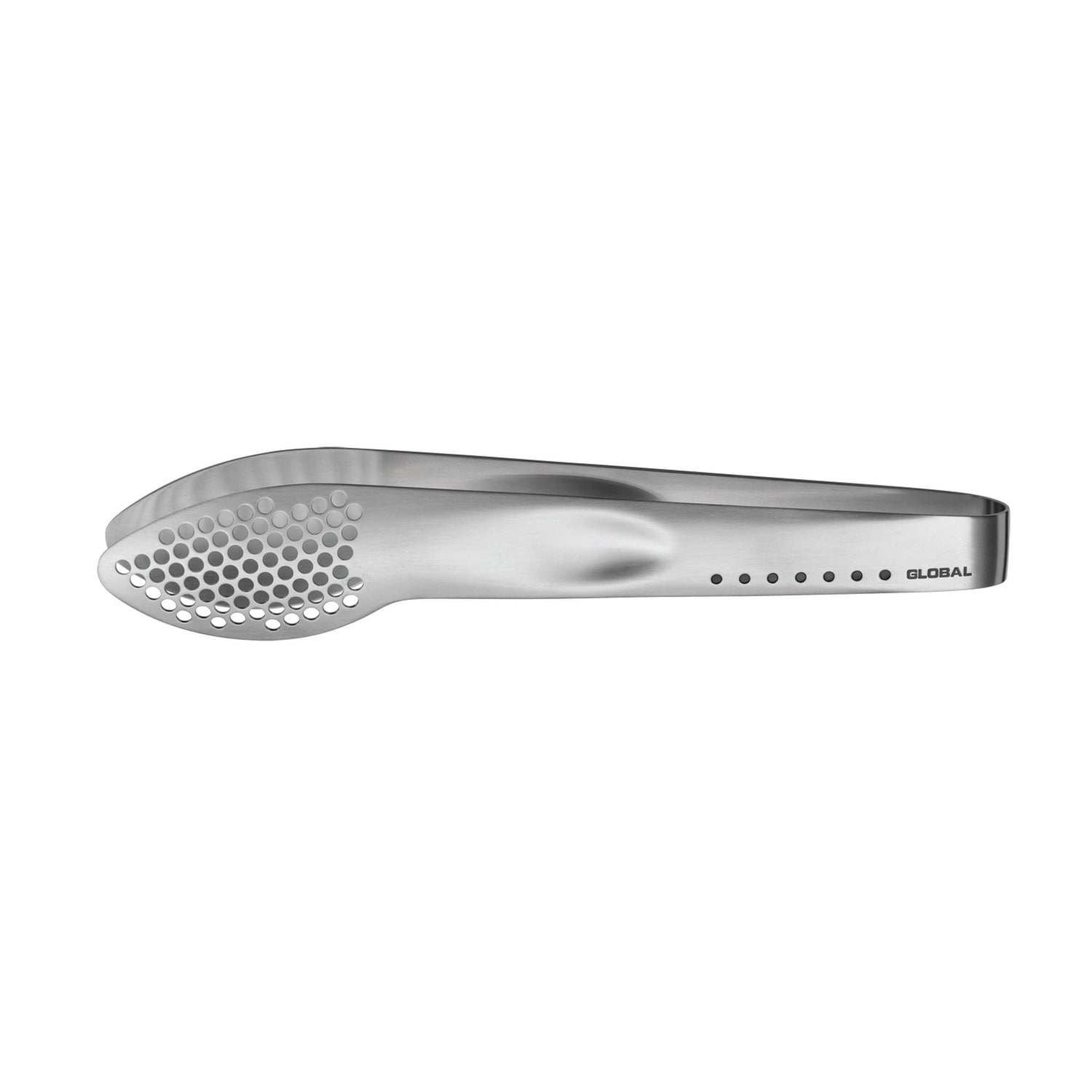 Stainless steel perforated kitchen tongs with Global branding.