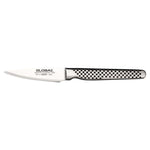 Global stainless steel peeling knife with perforated handle on a white background, featuring the Global brand.
