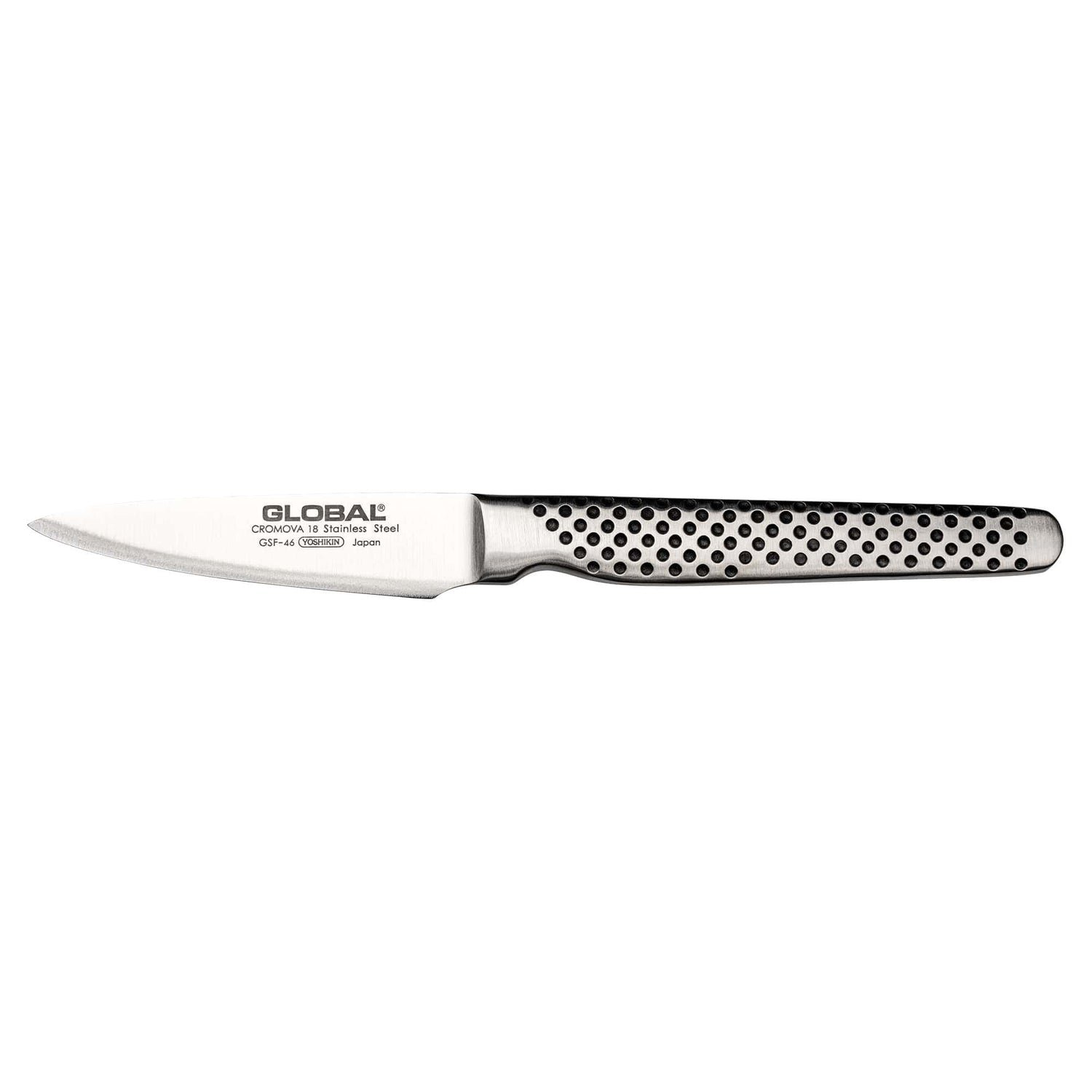 Global stainless steel peeling knife with perforated handle on a white background, featuring the Global brand.