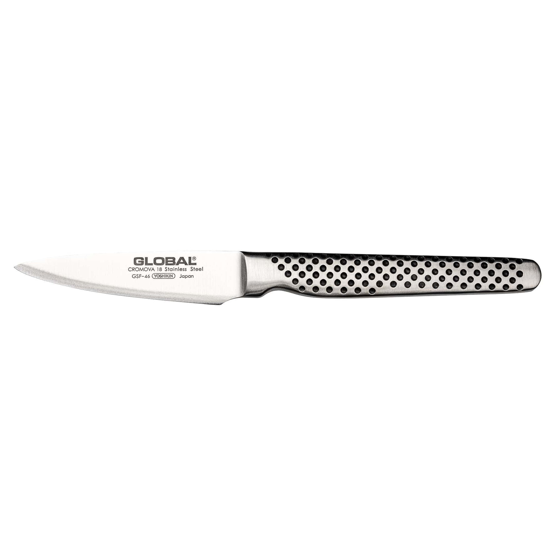 Global stainless steel peeling knife with perforated handle on a white background, featuring the Global brand.