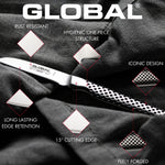 Global knife with features of the GLOBAL GSF range highlighted on a textured background. The GSF petty knives are rust resistant, have a hygienic one piece structure, iconic design, long lasting edge retention, 15 degree cutting edge and are fully forged.