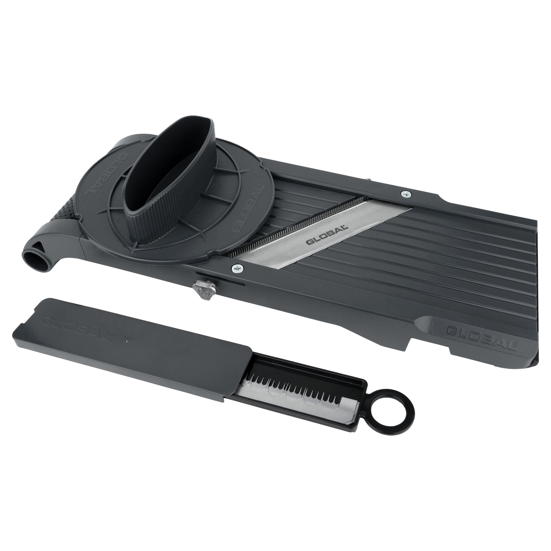 Black vegetable slicer with detachable blades for slicing, julienning and shredding fruit and vegetables with protective case on a white background.