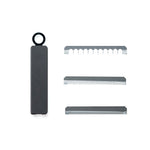Product image of 3 additional stainless steel blades for Global's 9.5cm mandolin slicer with protective case. Blades are toothed for julienning, shredding, grating and slicing onions, cucumbers, potatoes for french fries and more.