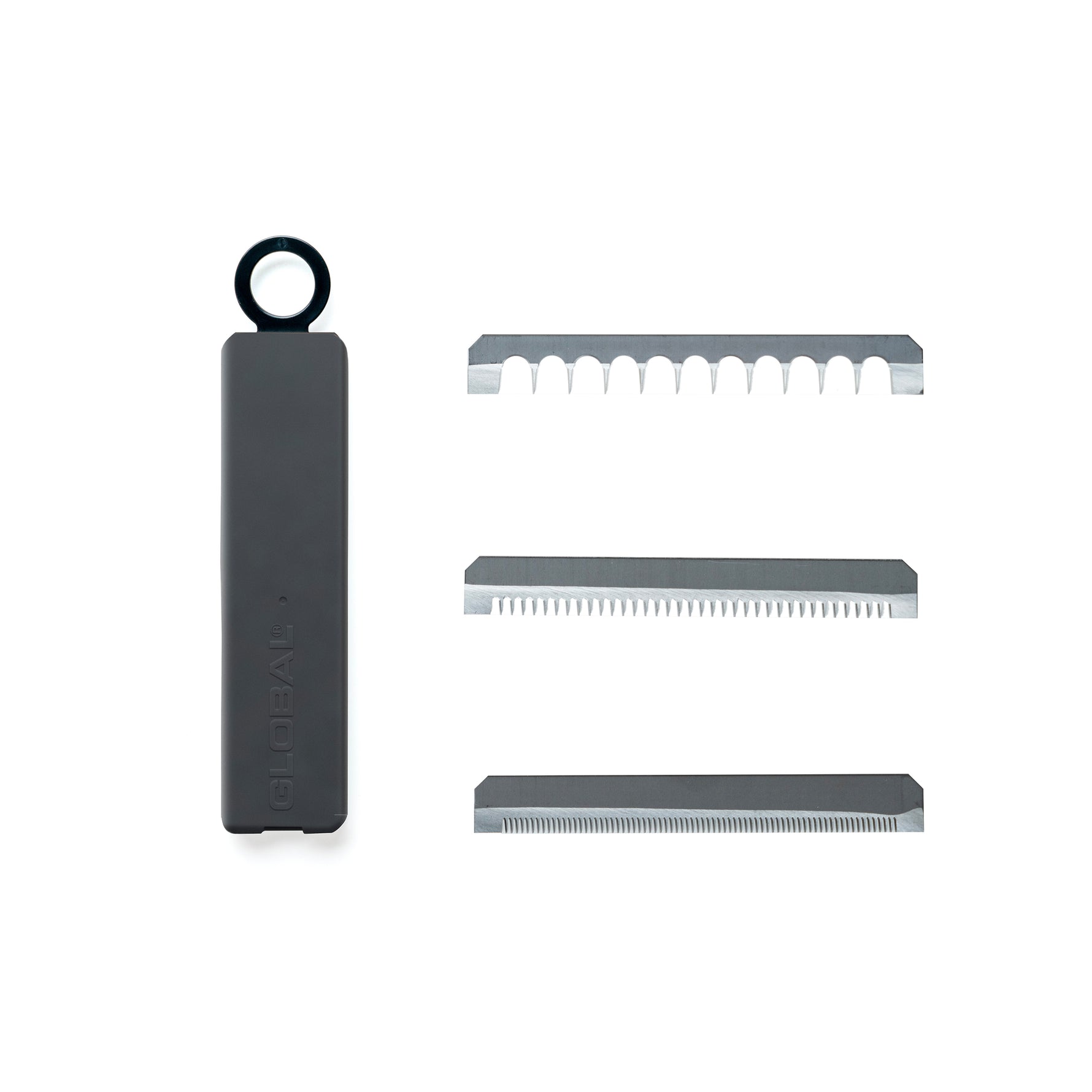 Product image of 3 additional stainless steel blades for Global's 9.5cm mandolin slicer with protective case. Blades are toothed for julienning, shredding, grating and slicing onions, cucumbers, potatoes for french fries and more.