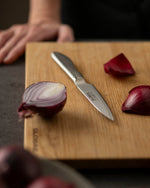Stainless steel small kitchen knife on a wooden cutting board with a halved red onion and pieces of onion.