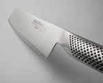 Close-up of a Global brand knife  ultra sharp blade on a light grey background