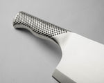 Close up of G-12 Meat Chopper's handle showing indentations for grip and ergonomic design.