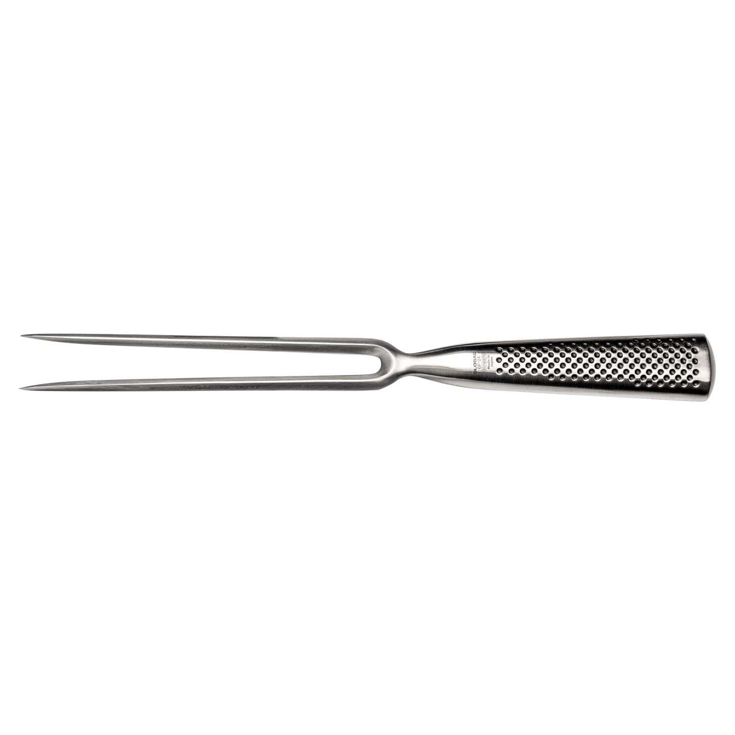 Global stainless steel carving fork with textured handle on a white background
