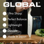 Stainless steel kitchen knife with Global branding on a cutting board, highlighting features like ultra sharp, perfect balance, lightweight, durable, and made in Japan.