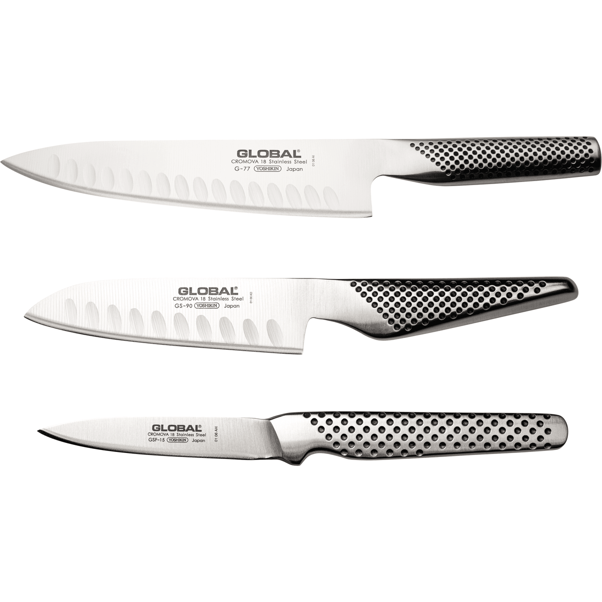 Three Global knives on a white background. The Global Air Kaze 3 Piece Knife Set includes G-77 20cm Fluted Chef's Knife, GS-90 13cm Fluted Santoku Knife, GSF-15 8cm Peeling Knife.