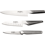 Three Global knives on a white background. The Global Air Kaze 3 Piece Knife Set includes G-77 20cm Fluted Chef's Knife, GS-90 13cm Fluted Santoku Knife, GSF-15 8cm Peeling Knife.