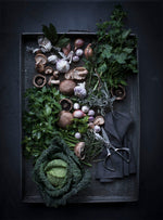 Global kitchen shears next to freshly cut herbs, cabbage, garlic and mushrooms, professional stainless steel multipurpose chef scissors for cooking, food prep and culinary use.