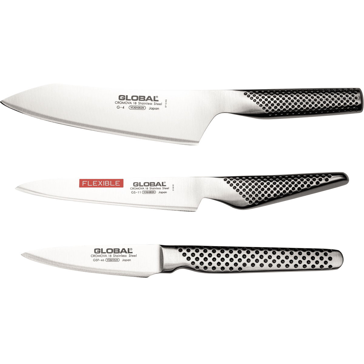 Three Global knives on a white background. Global stainless steel knives include 18cm Oriental Cook's Knife, 15cm Flexible Utility knife, 8cm Peeling Knife.