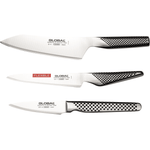 Three Global knives on a white background. Global stainless steel knives include 18cm Oriental Cook's Knife, 15cm Flexible Utility knife, 8cm Peeling Knife.